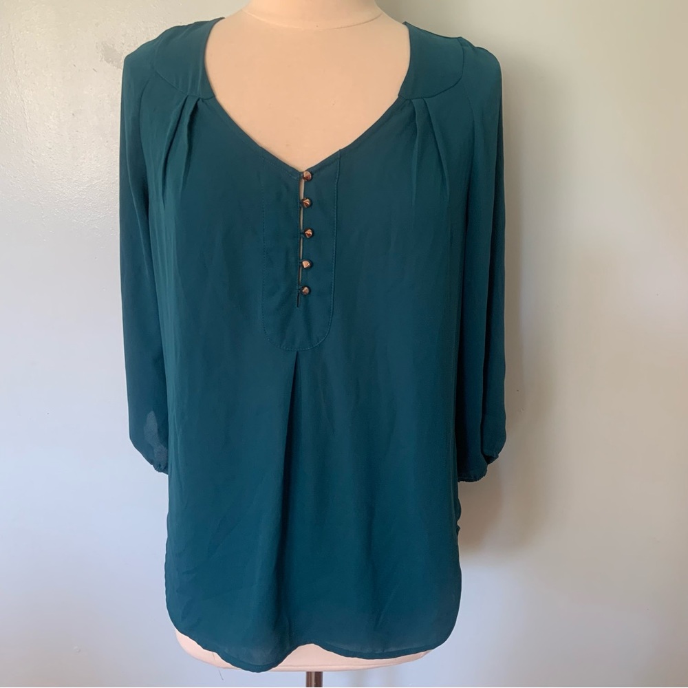 Daniel Rainn Teal Blouse with Pointy Gold Buttons